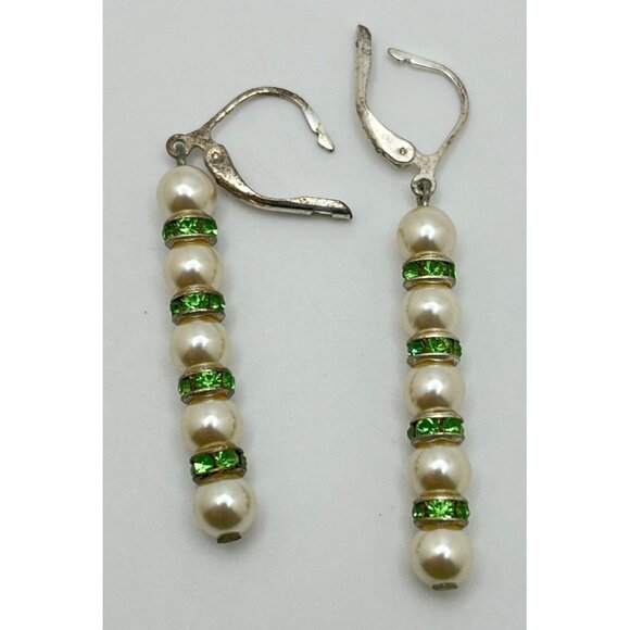 Faux Pearl Dangle Earrings Silver Tone Green Beaded Drop Line - Picture 3 of 6